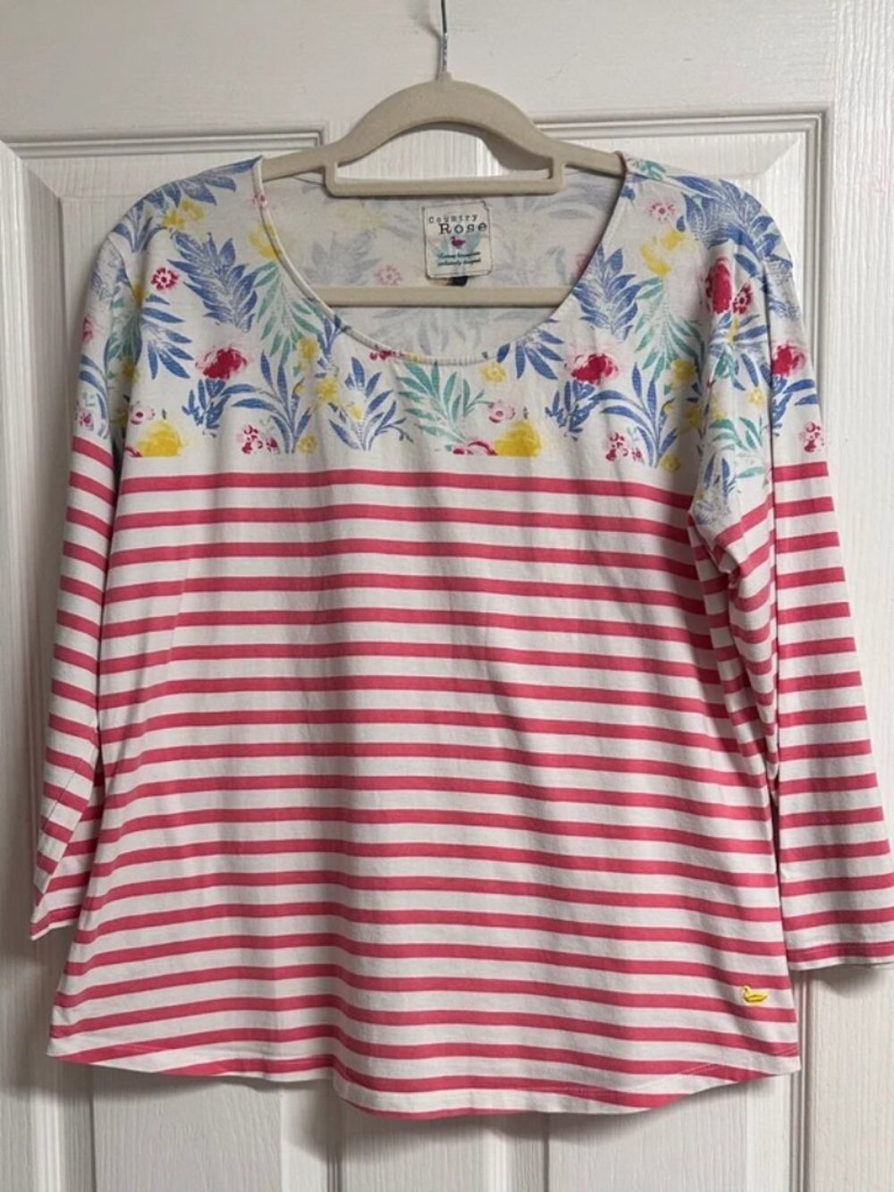 White Pink Stripe Country Rose Womens 3/4 Sleeve Floral Top